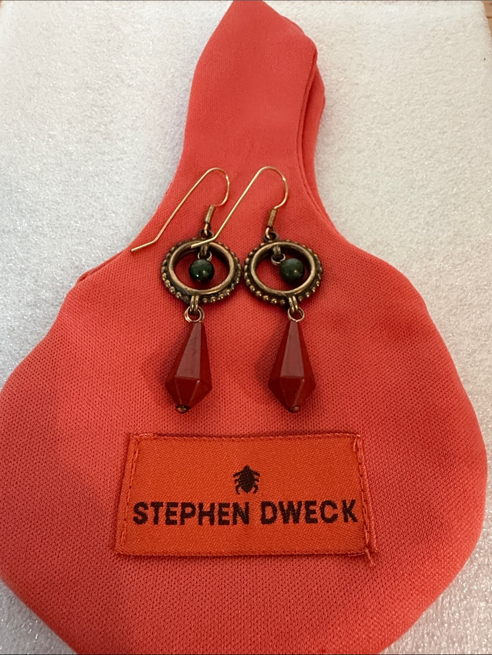 NWOT Stephen Dweck Carnelian w/Green Bead, Bronze Earrings